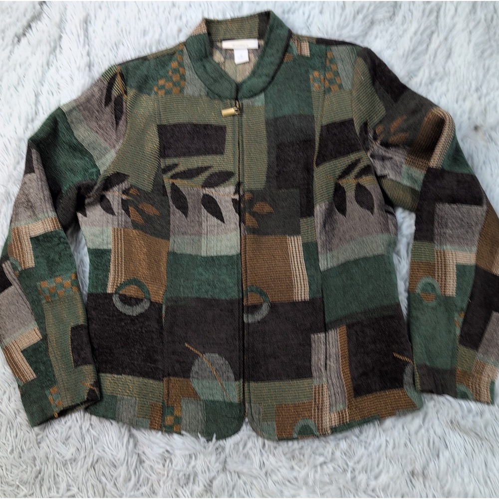 Dressbarn Jacket Womens M Green Tapestry Patchwork Zip Up Faux Pockets